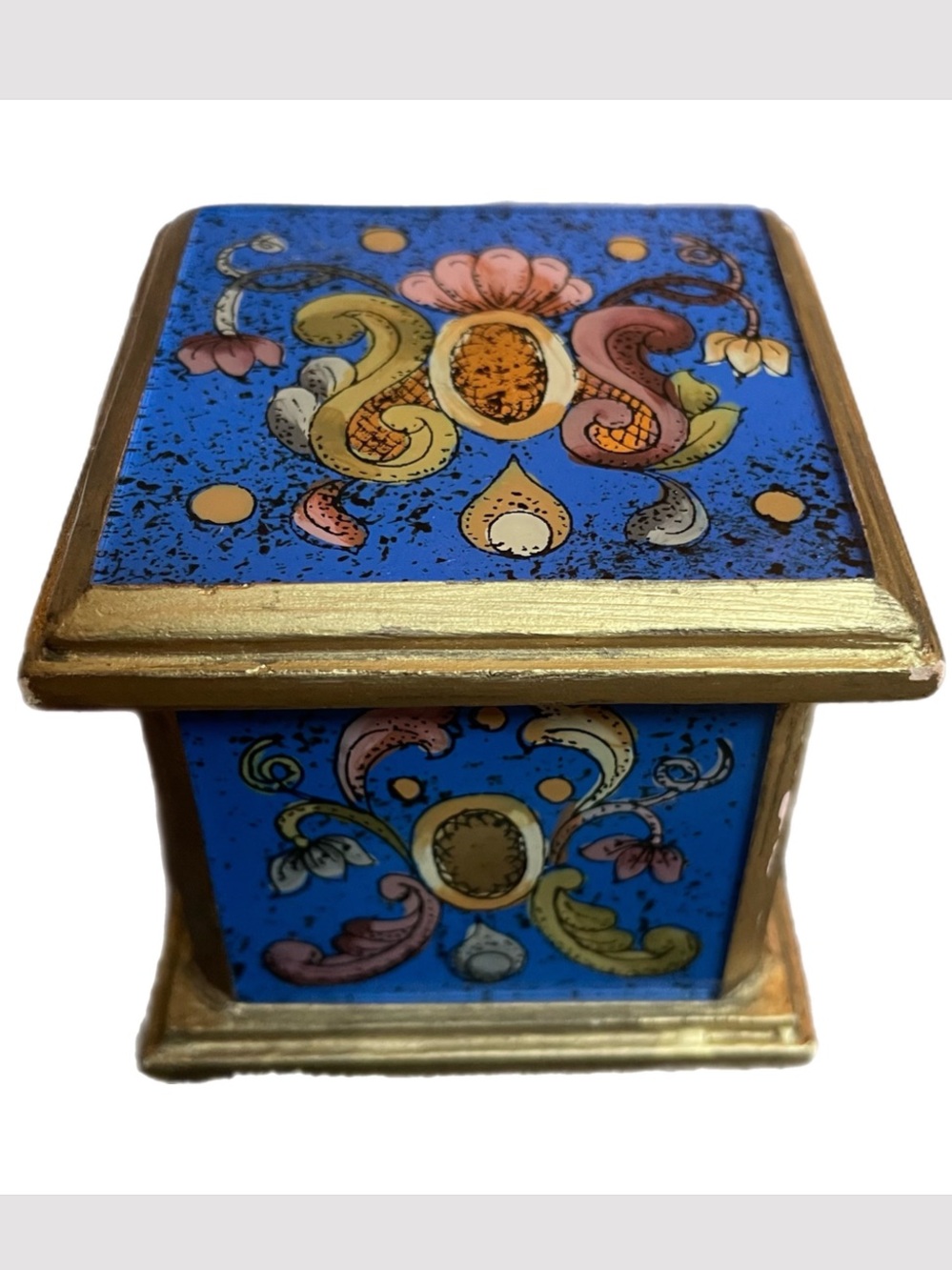 Vintage Florentine Style Reverse Hand Painted Hinged Trinket Box Blue Gold - Picture 3 of 11